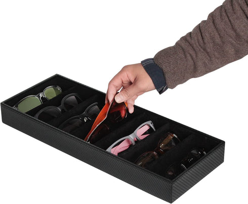 JackCubeDesign 7 Compartments Sunglasses Organizer, Leather Eyelgass Storage Tray Box for Table Desk Drawer (Carbon Design Black, 17.4 x 6.7 x 1.97) - MK378A